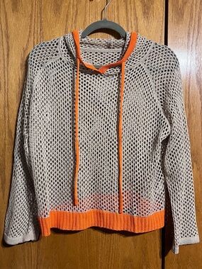 Women's Open-Knit Hoodie Sweater in Light Gray with Orange Trim